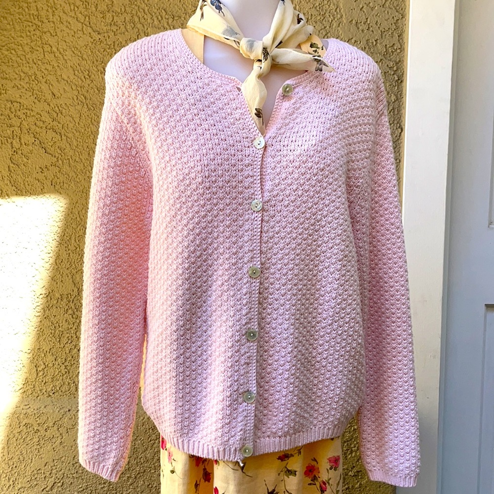Talbots Pink Textured Cardigan Sweater with Pearlescent Buttons